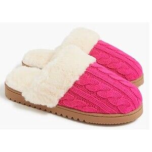 J Crew Women's Wool Cable Knit Scuff Slippers Faux Fur Lining Pink